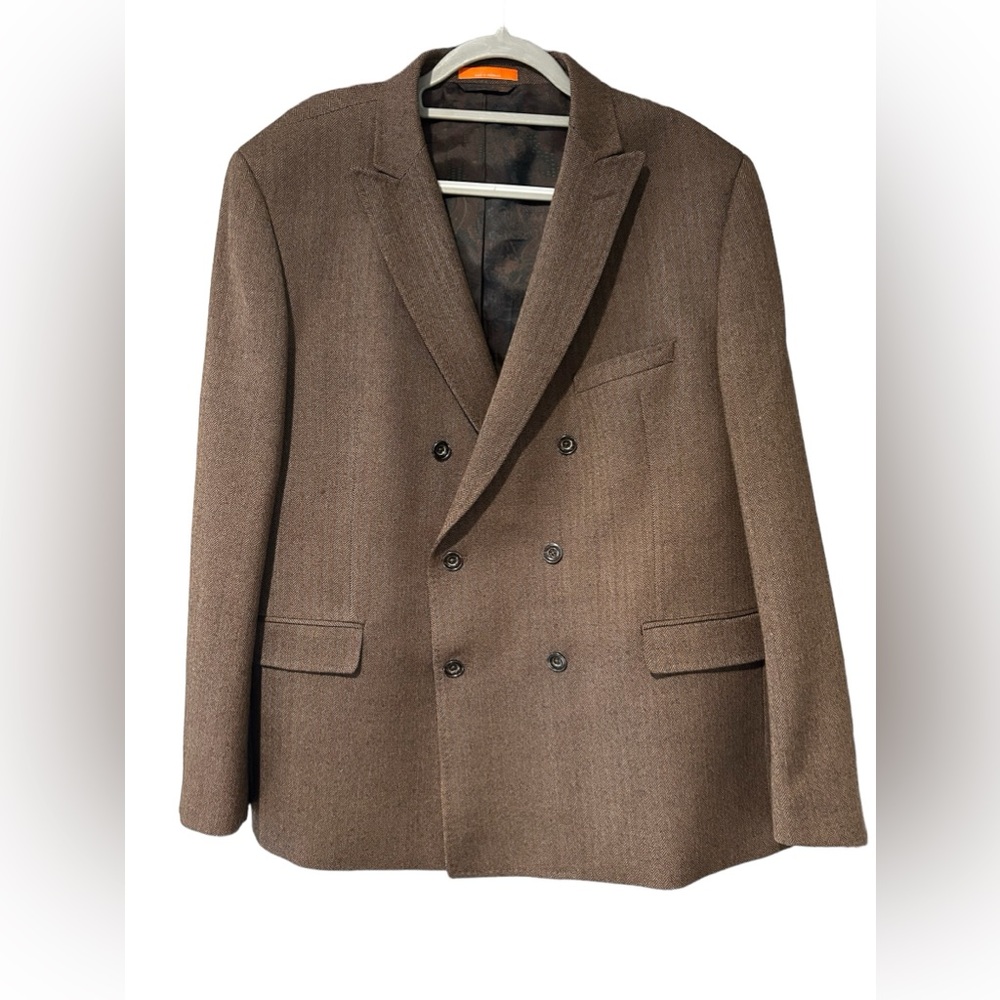 Moda Tallia Mens Brown Double Breasted Herringbone Geometric Blazer 48R.